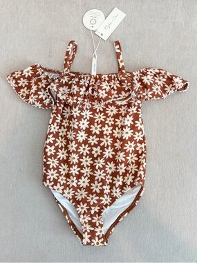 Rylee + Cru Daisy Print Off-Shoulder One-Piece Swimsuit - Brown & White